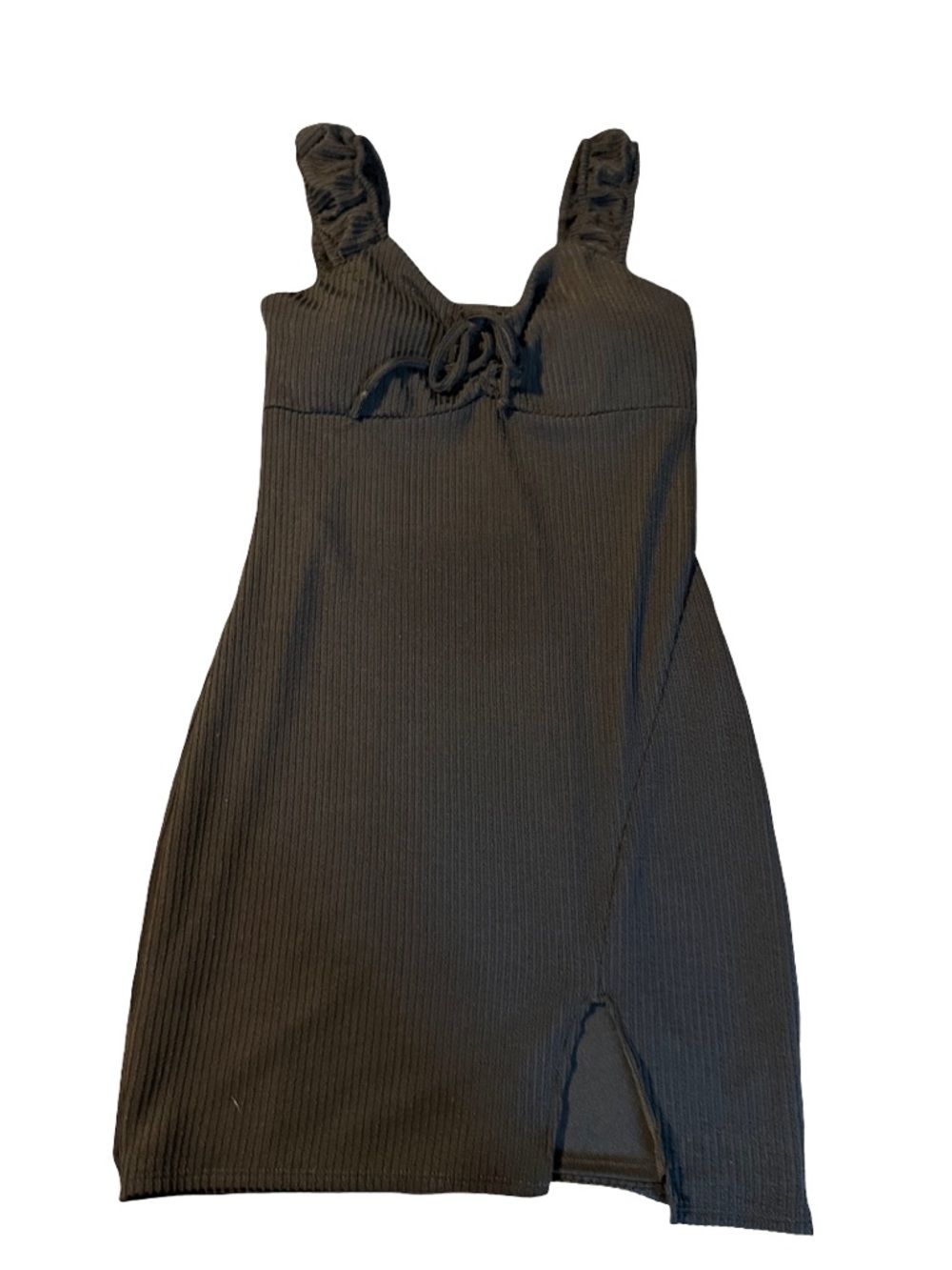 Black Ribbed One-Piece Dress with Front Slit